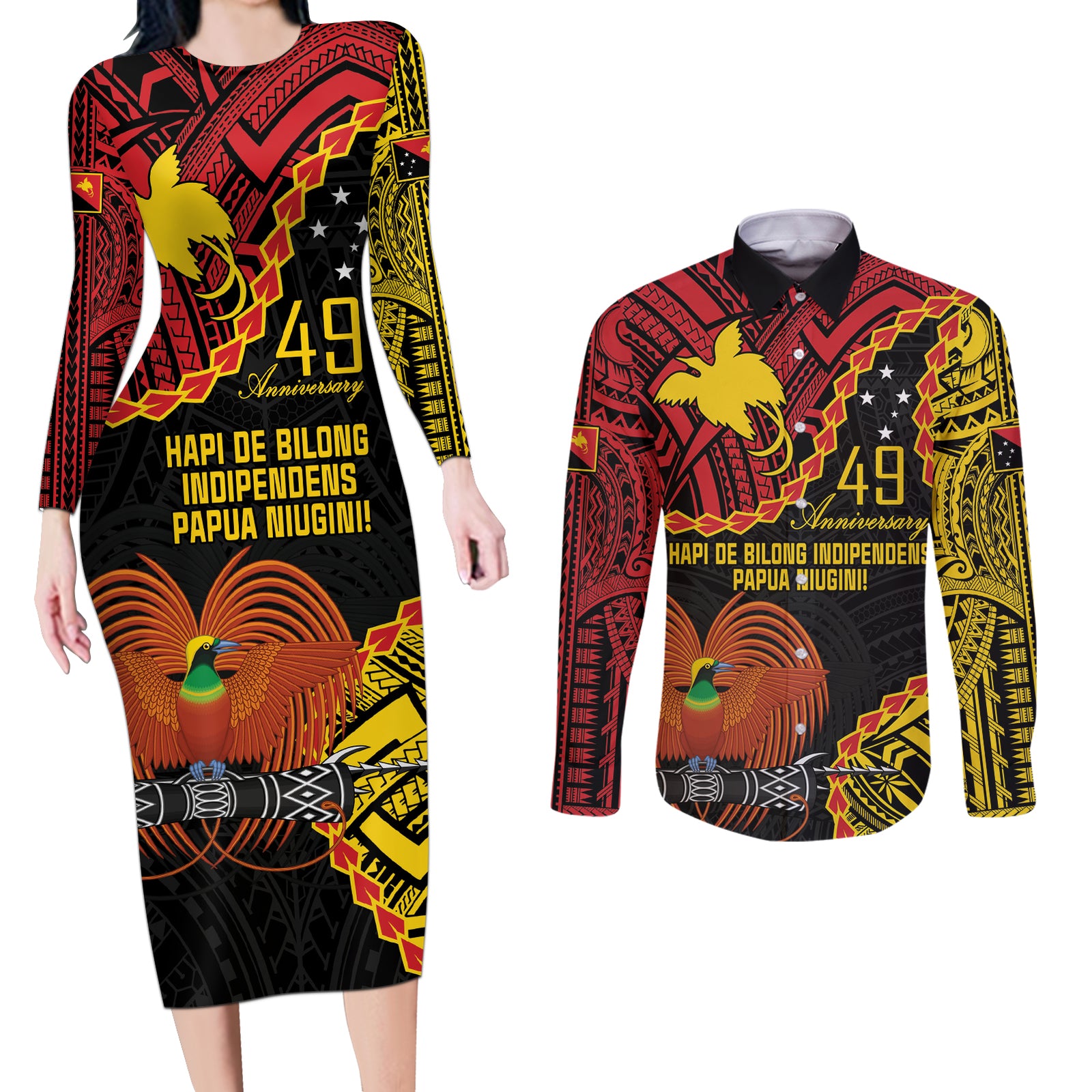 Personalised Papua New Guinea 49th Anniversary Couples Matching Long Sleeve Bodycon Dress and Long Sleeve Button Shirt Hapi De bilong Indipendens Papua Niugini