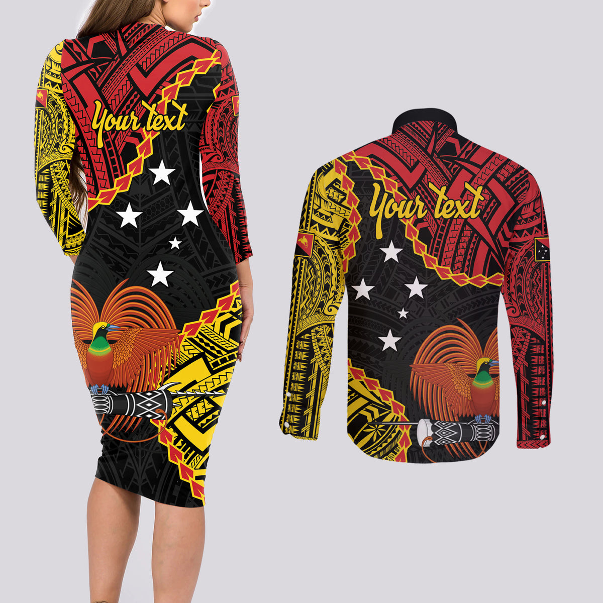 Personalised Papua New Guinea 49th Anniversary Couples Matching Long Sleeve Bodycon Dress and Long Sleeve Button Shirt Hapi De bilong Indipendens Papua Niugini