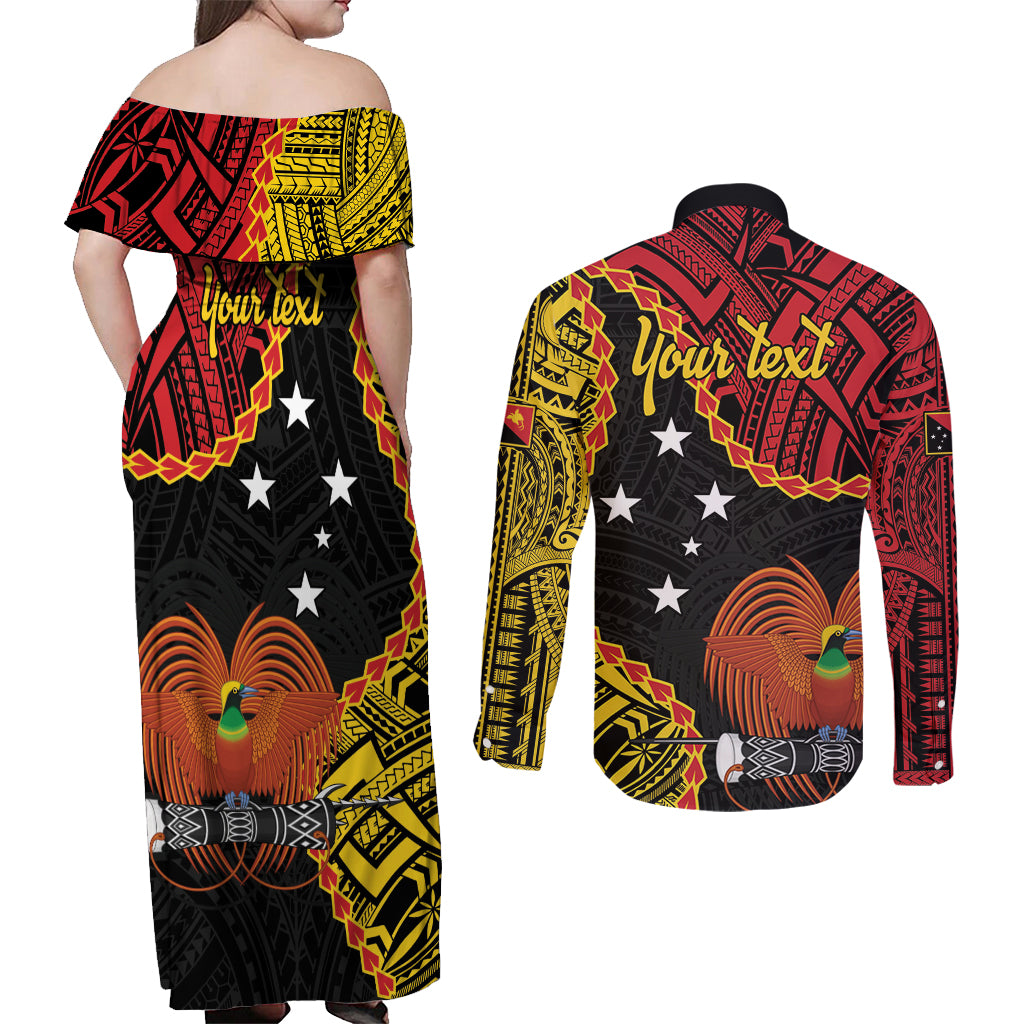 Personalised Papua New Guinea 49th Anniversary Couples Matching Off Shoulder Maxi Dress and Long Sleeve Button Shirt Hapi De bilong Indipendens Papua Niugini LT9 - Polynesian Pride