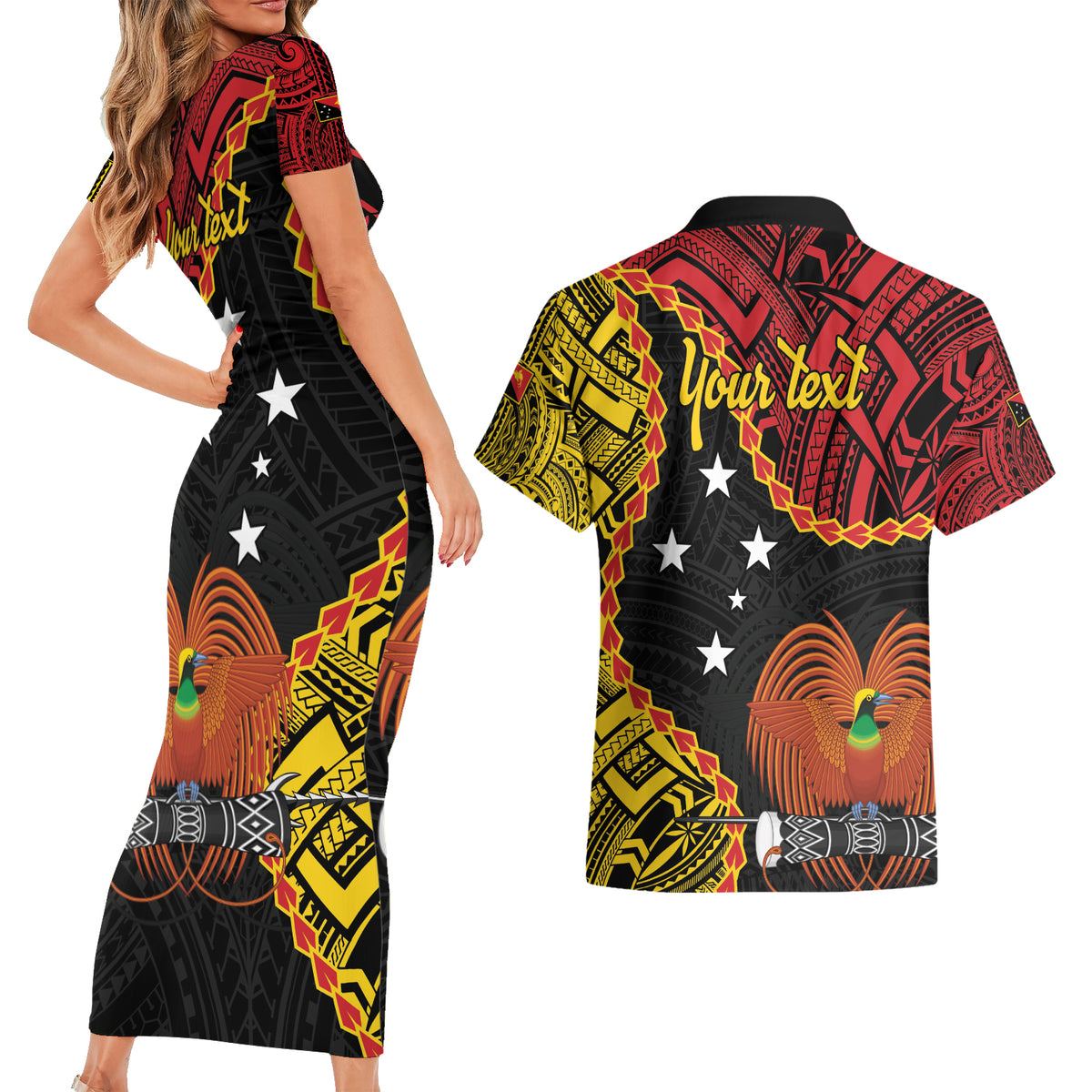 Personalised Papua New Guinea 49th Anniversary Couples Matching Short Sleeve Bodycon Dress and Hawaiian Shirt Hapi De bilong Indipendens Papua Niugini