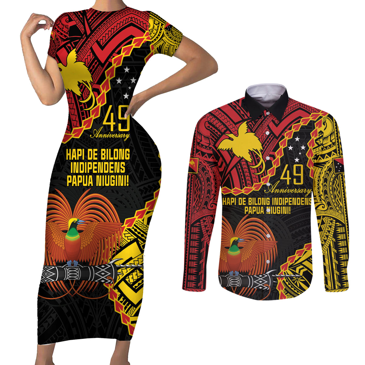 Personalised Papua New Guinea 49th Anniversary Couples Matching Short Sleeve Bodycon Dress and Long Sleeve Button Shirt Hapi De bilong Indipendens Papua Niugini