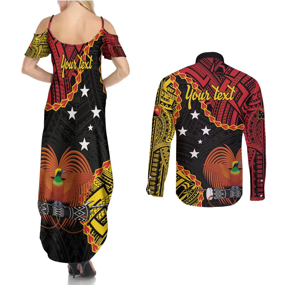 Personalised Papua New Guinea 49th Anniversary Couples Matching Summer Maxi Dress and Long Sleeve Button Shirt Hapi De bilong Indipendens Papua Niugini