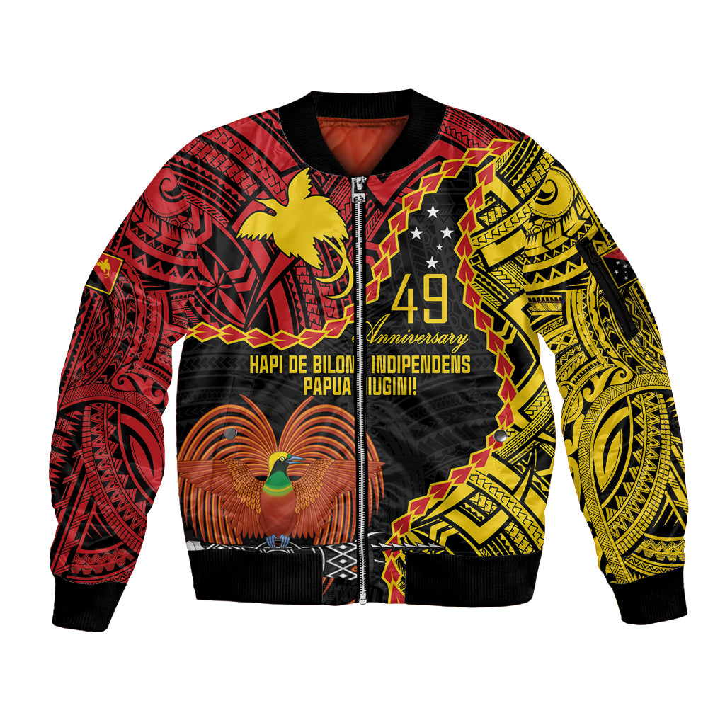 Personalised Papua New Guinea 49th Anniversary Sleeve Zip Bomber Jacket Hapi De bilong Indipendens Papua Niugini