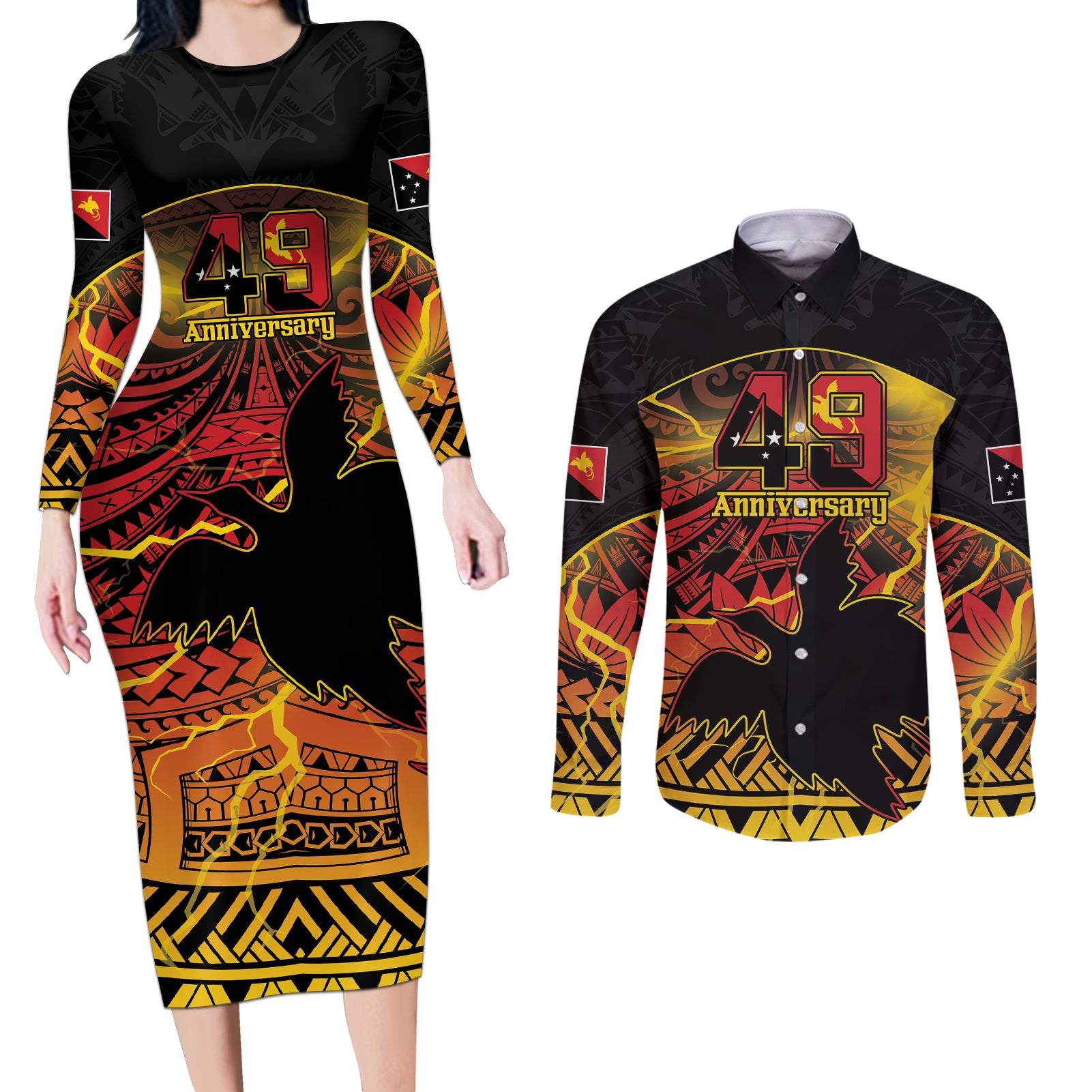 Personalised Papua New Guinea 49th Anniversary Couples Matching Long Sleeve Bodycon Dress and Long Sleeve Button Shirt Bird of Paradise Unity In Diversity