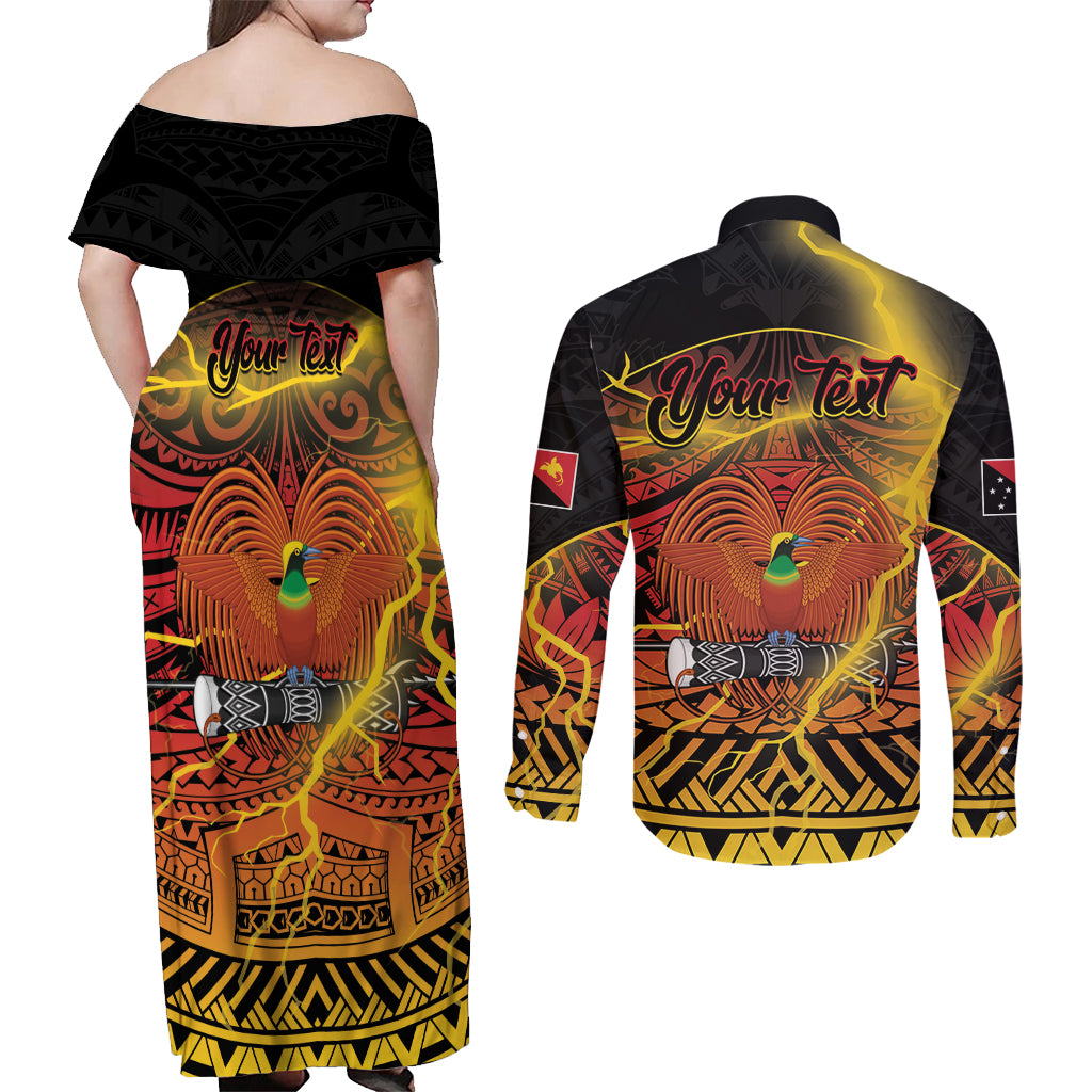 Personalised Papua New Guinea 49th Anniversary Couples Matching Off Shoulder Maxi Dress and Long Sleeve Button Shirt Bird of Paradise Unity In Diversity