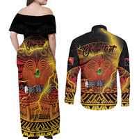 Personalised Papua New Guinea 49th Anniversary Couples Matching Off Shoulder Maxi Dress and Long Sleeve Button Shirt Bird of Paradise Unity In Diversity