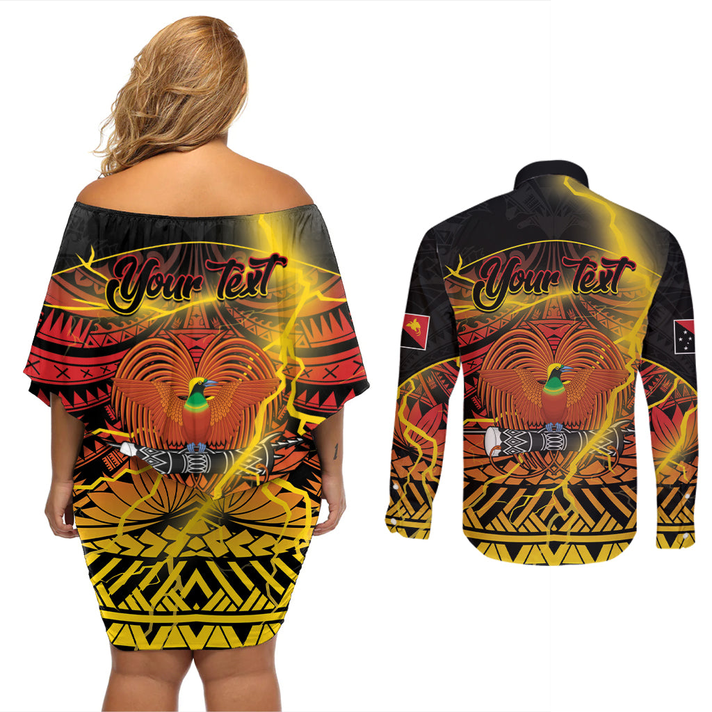 Personalised Papua New Guinea 49th Anniversary Couples Matching Off Shoulder Short Dress and Long Sleeve Button Shirt Bird of Paradise Unity In Diversity