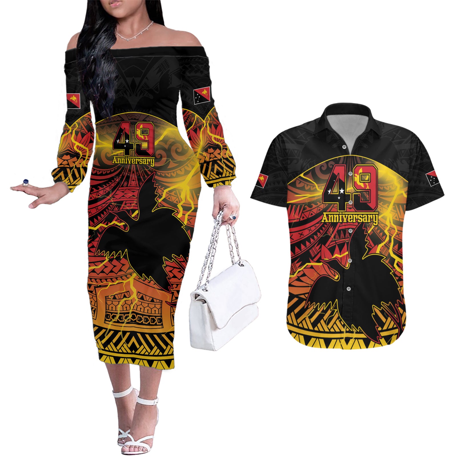 Personalised Papua New Guinea 49th Anniversary Couples Matching Off The Shoulder Long Sleeve Dress and Hawaiian Shirt Bird of Paradise Unity In Diversity