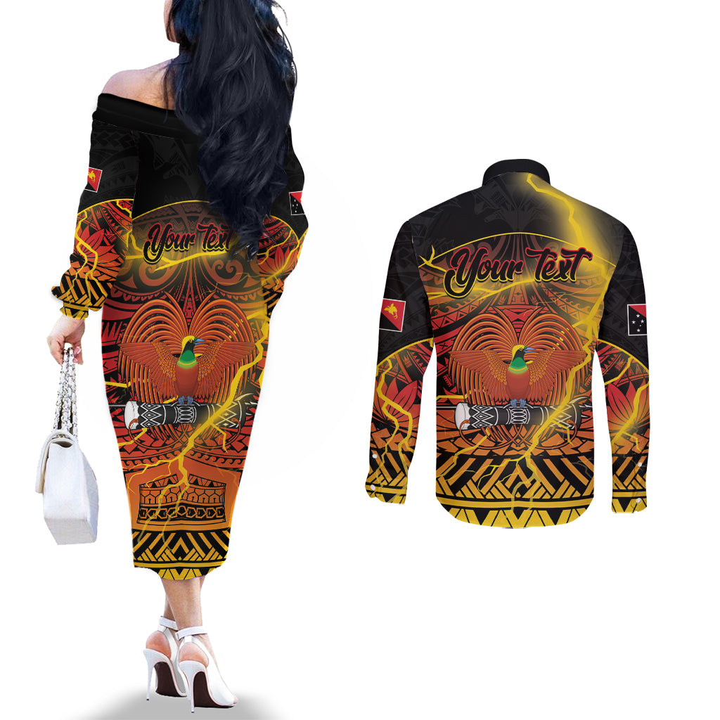 Personalised Papua New Guinea 49th Anniversary Couples Matching Off The Shoulder Long Sleeve Dress and Long Sleeve Button Shirt Bird of Paradise Unity In Diversity