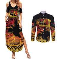 Personalised Papua New Guinea 49th Anniversary Couples Matching Summer Maxi Dress and Long Sleeve Button Shirt Bird of Paradise Unity In Diversity
