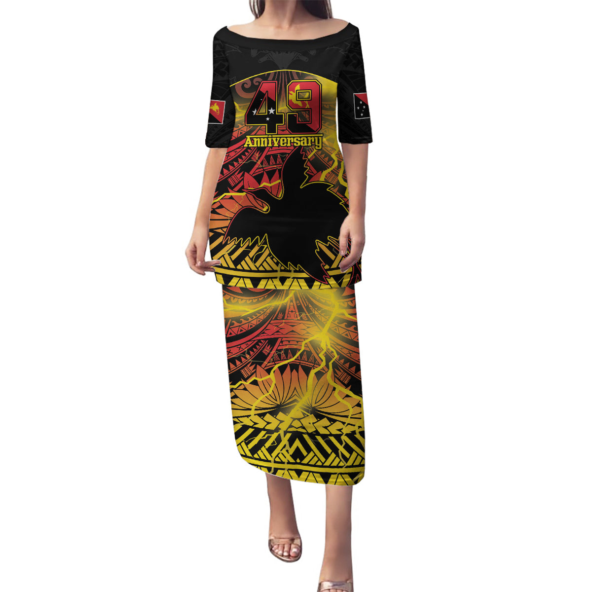 Personalised Papua New Guinea 49th Anniversary Family Matching Puletasi and Hawaiian Shirt Bird of Paradise Unity In Diversity LT9 Mom's Dress Black - Polynesian Pride