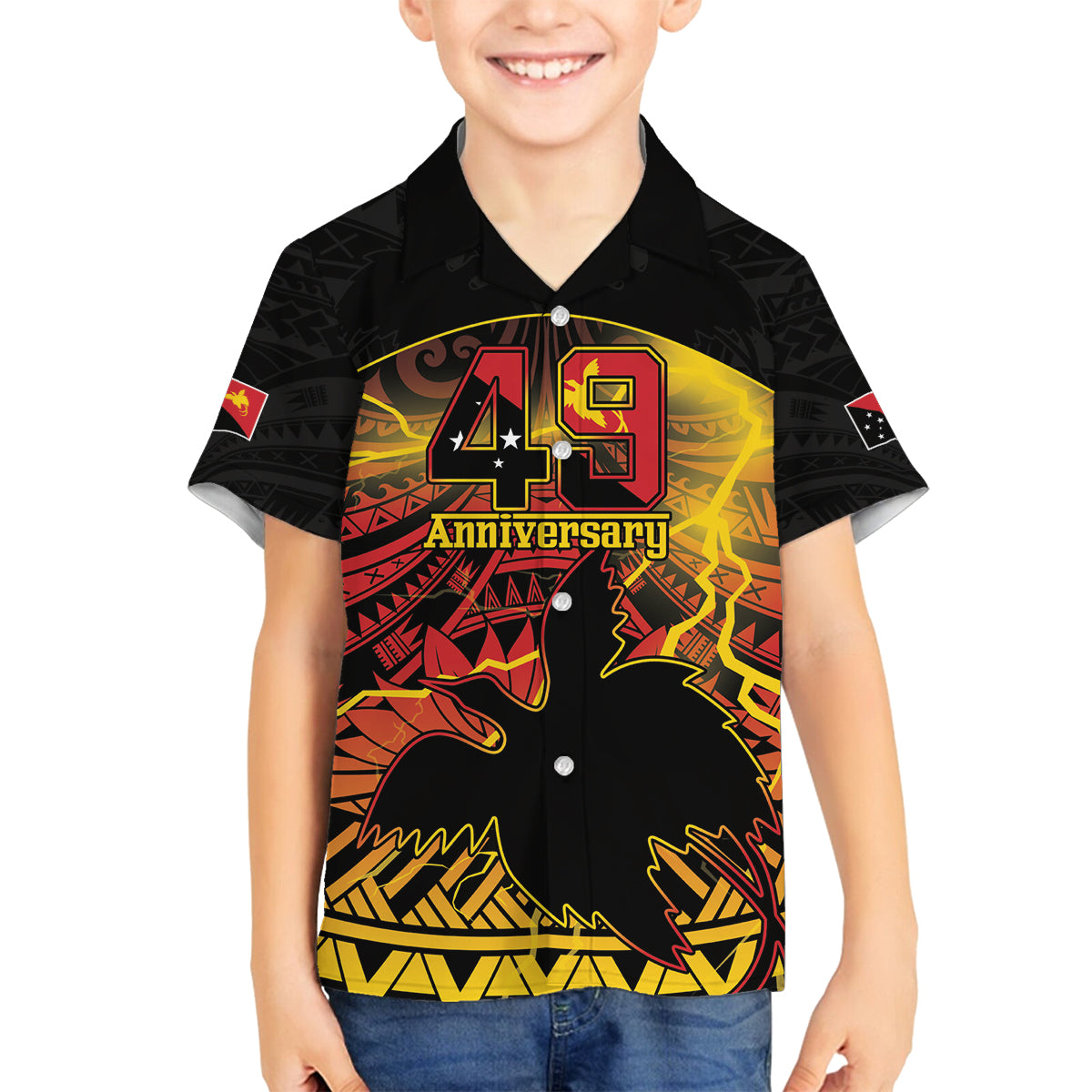 Personalised Papua New Guinea 49th Anniversary Family Matching Puletasi and Hawaiian Shirt Bird of Paradise Unity In Diversity LT9 Son's Shirt Black - Polynesian Pride