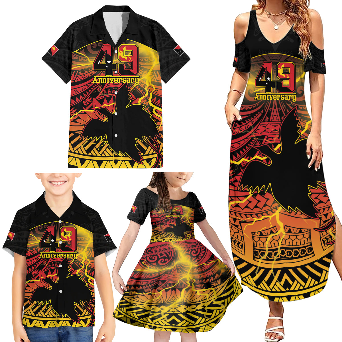 Personalised Papua New Guinea 49th Anniversary Family Matching Summer Maxi Dress and Hawaiian Shirt Bird of Paradise Unity In Diversity LT9 - Polynesian Pride