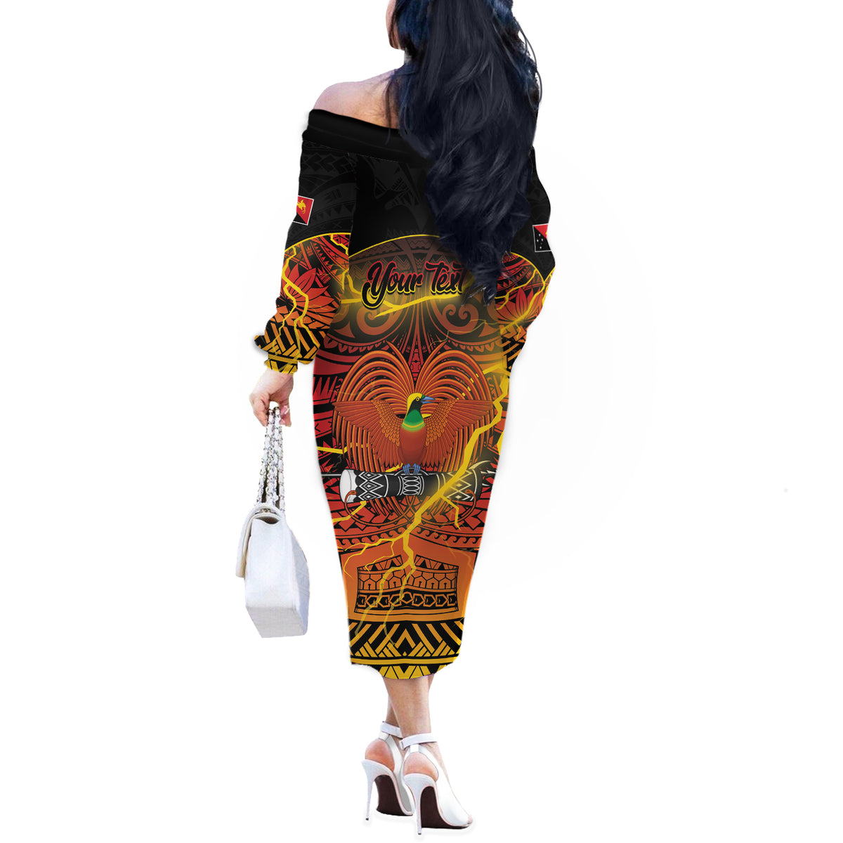 Personalised Papua New Guinea 49th Anniversary Off The Shoulder Long Sleeve Dress Bird of Paradise Unity In Diversity