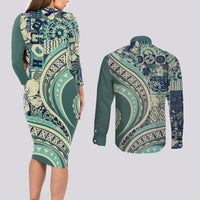 Hawaiian Hibiscus Tribal Vintage Motif Couples Matching Long Sleeve Bodycon Dress and Long Sleeve Button Shirt Ver 1