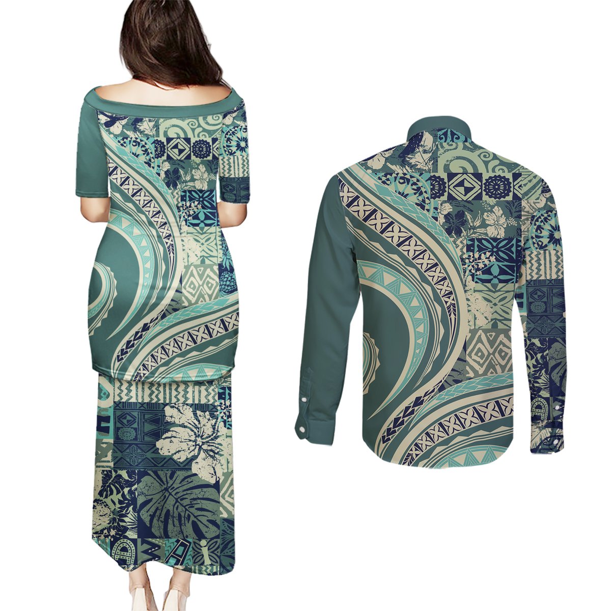 Hawaiian Hibiscus Tribal Vintage Motif Couples Matching Puletasi and Long Sleeve Button Shirt Ver 1 LT9 - Polynesian Pride