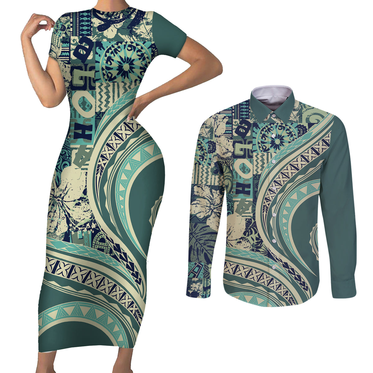 Hawaiian Hibiscus Tribal Vintage Motif Couples Matching Short Sleeve Bodycon Dress and Long Sleeve Button Shirt Ver 1