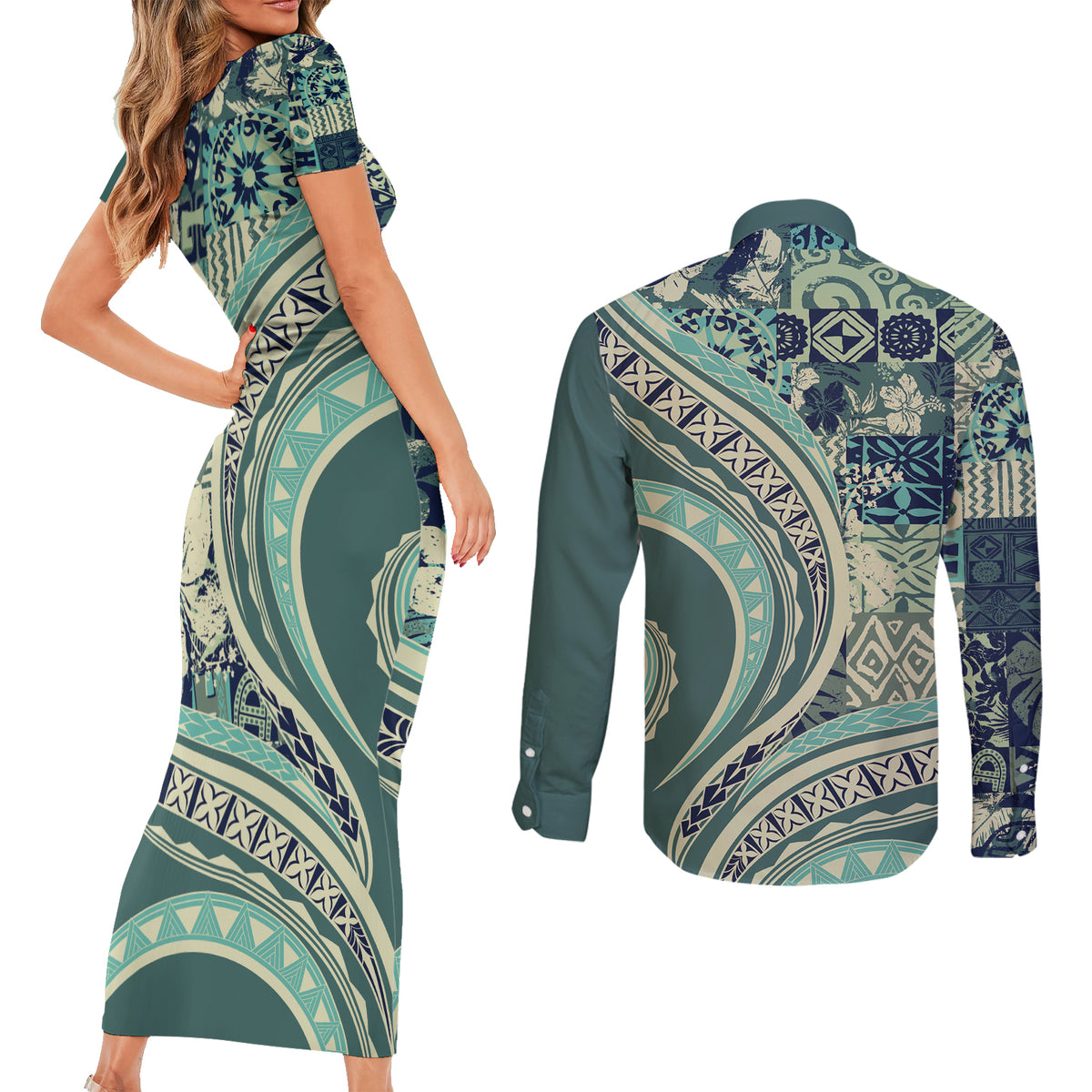 Hawaiian Hibiscus Tribal Vintage Motif Couples Matching Short Sleeve Bodycon Dress and Long Sleeve Button Shirt Ver 1