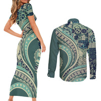 Hawaiian Hibiscus Tribal Vintage Motif Couples Matching Short Sleeve Bodycon Dress and Long Sleeve Button Shirt Ver 1