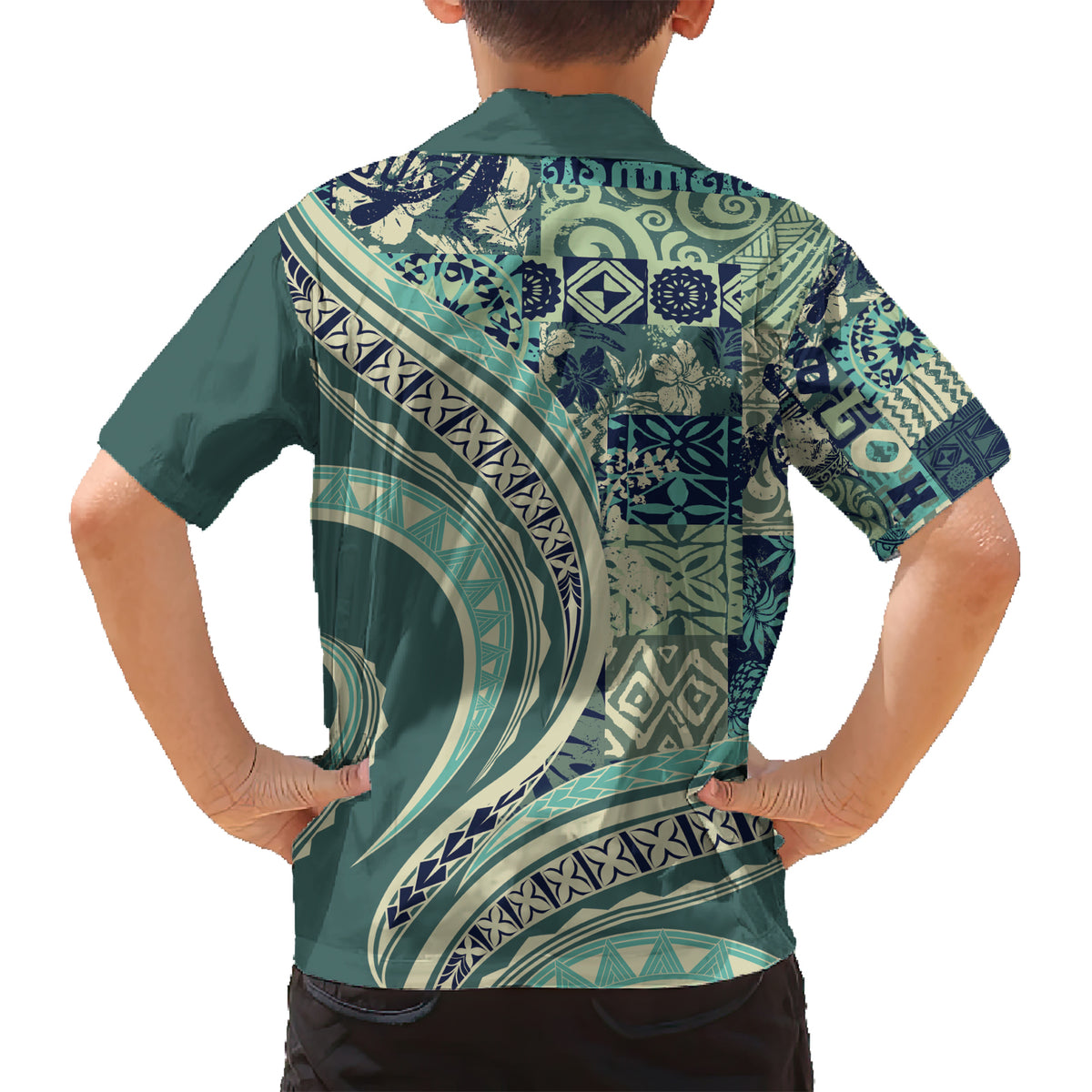 Hawaiian Hibiscus Tribal Vintage Motif Family Matching Short Sleeve Bodycon Dress and Hawaiian Shirt Ver 1