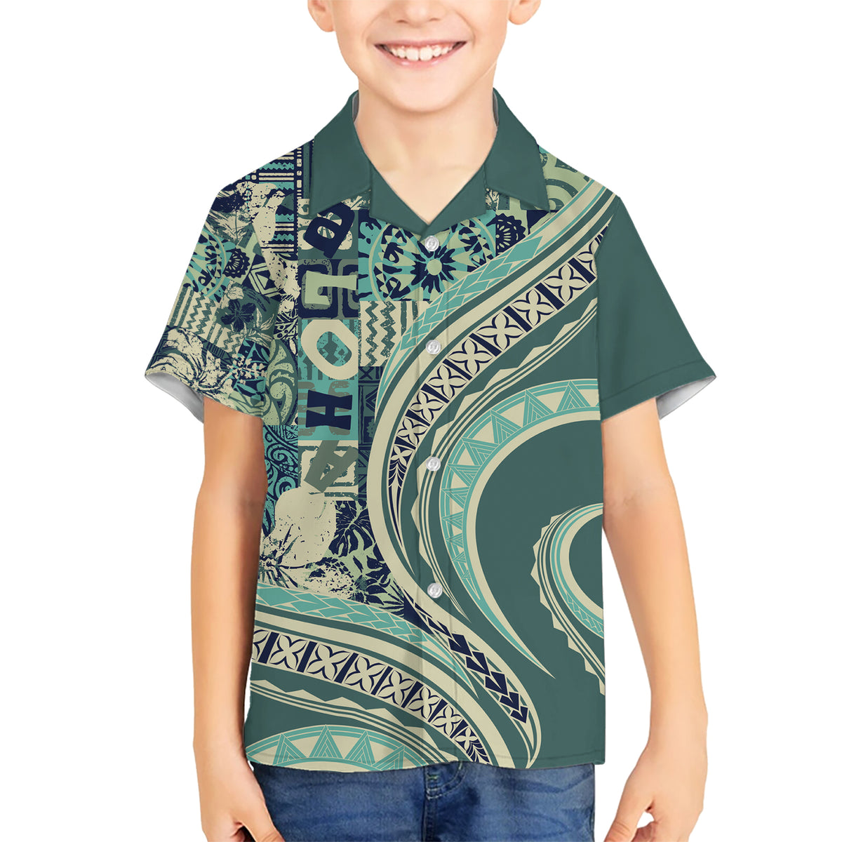 Hawaiian Hibiscus Tribal Vintage Motif Kid Hawaiian Shirt Ver 1 LT9 Kid Sea Green - Polynesian Pride
