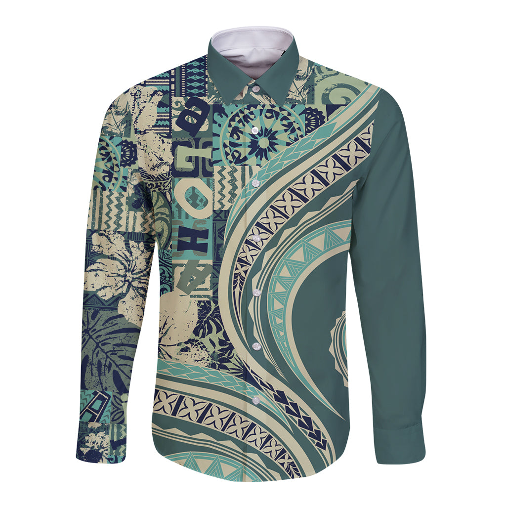 Hawaiian Hibiscus Tribal Vintage Motif Long Sleeve Button Shirt Ver 1