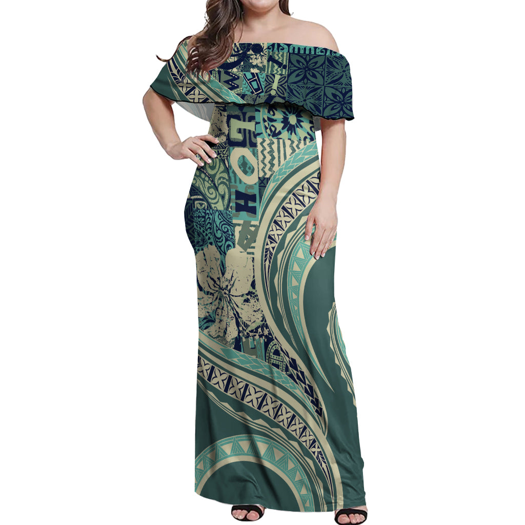 Hawaiian Hibiscus Tribal Vintage Motif Off Shoulder Maxi Dress Ver 1 LT9 Women Sea Green - Polynesian Pride