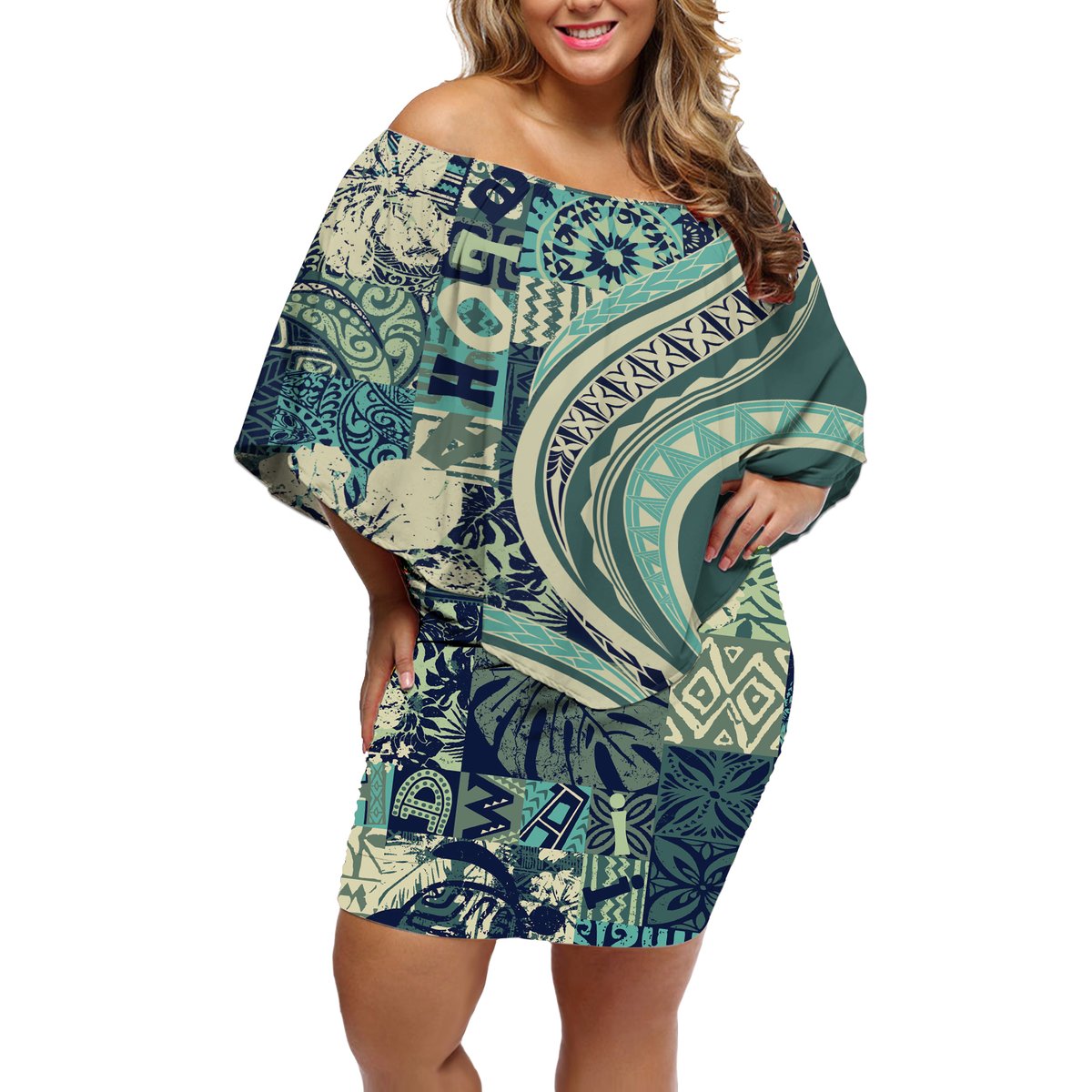 Hawaiian Hibiscus Tribal Vintage Motif Off Shoulder Short Dress Ver 1 LT9 Women Sea Green - Polynesian Pride