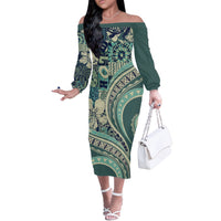Hawaiian Hibiscus Tribal Vintage Motif Off The Shoulder Long Sleeve Dress Ver 1 LT9 Women Sea Green - Polynesian Pride