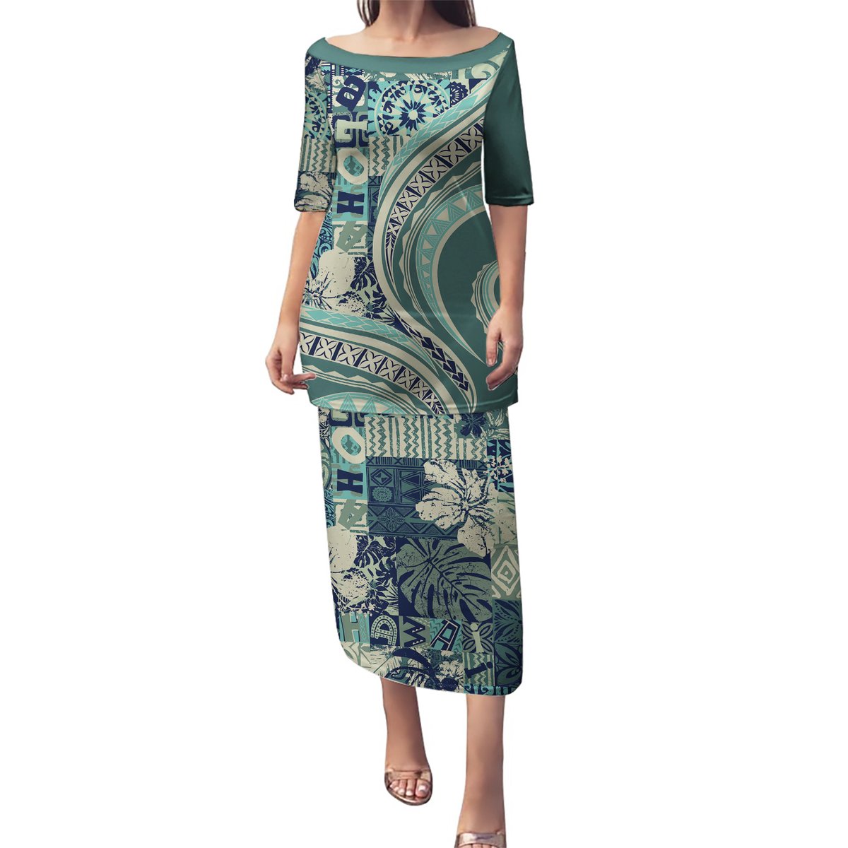 Hawaiian Hibiscus Tribal Vintage Motif Puletasi Ver 1 LT9 Long Dress Sea Green - Polynesian Pride