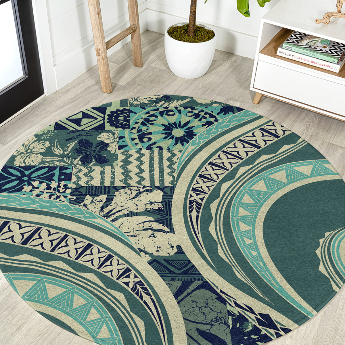 Hawaiian Hibiscus Tribal Vintage Motif Round Carpet Ver 1 LT9 Sea Green - Polynesian Pride
