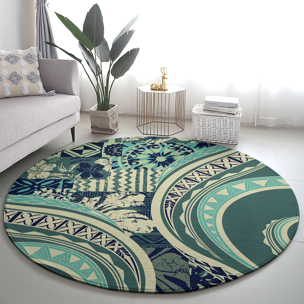 Hawaiian Hibiscus Tribal Vintage Motif Round Carpet Ver 1 LT9 - Polynesian Pride