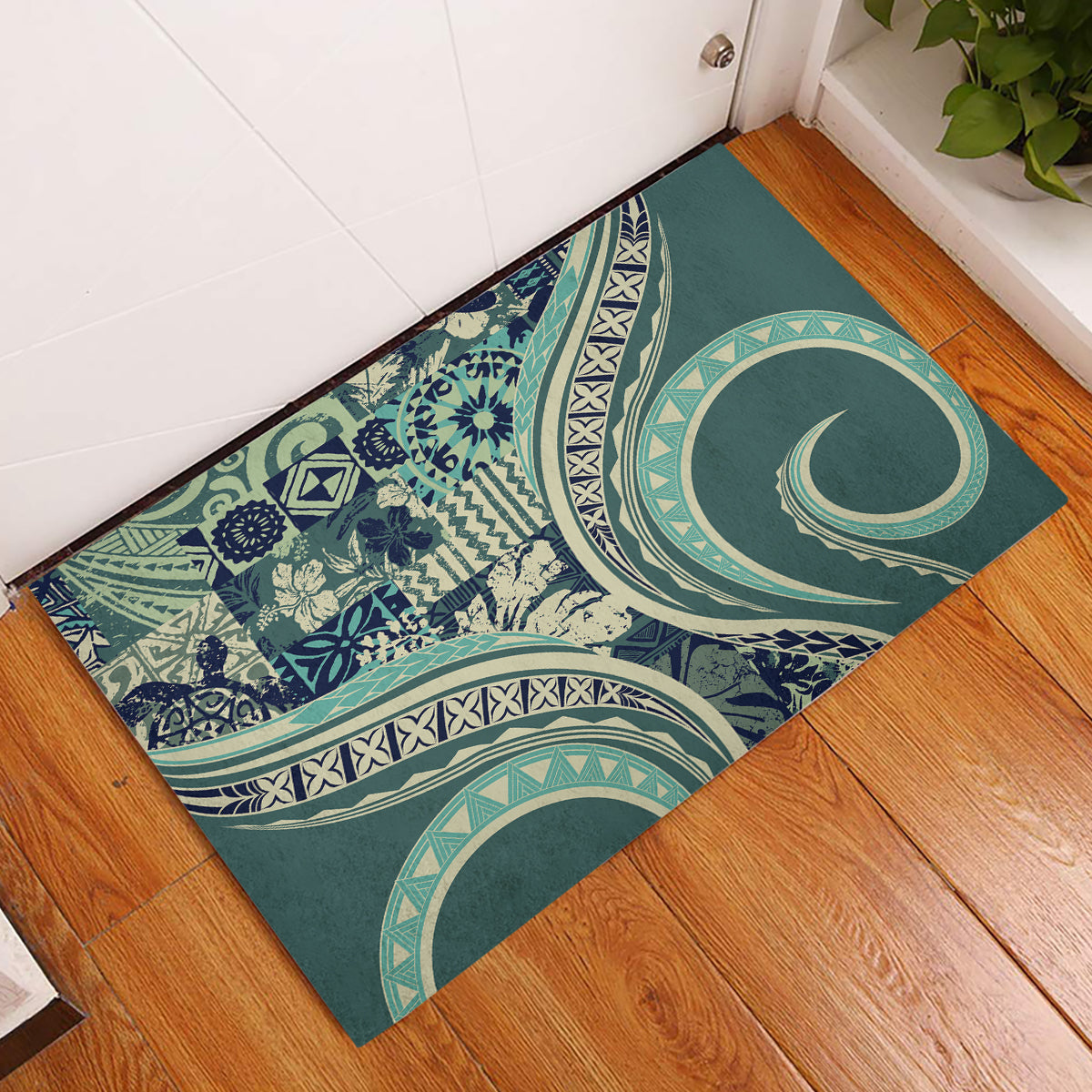 Hawaiian Hibiscus Tribal Vintage Motif Rubber Doormat Ver 1 LT9 Sea Green - Polynesian Pride