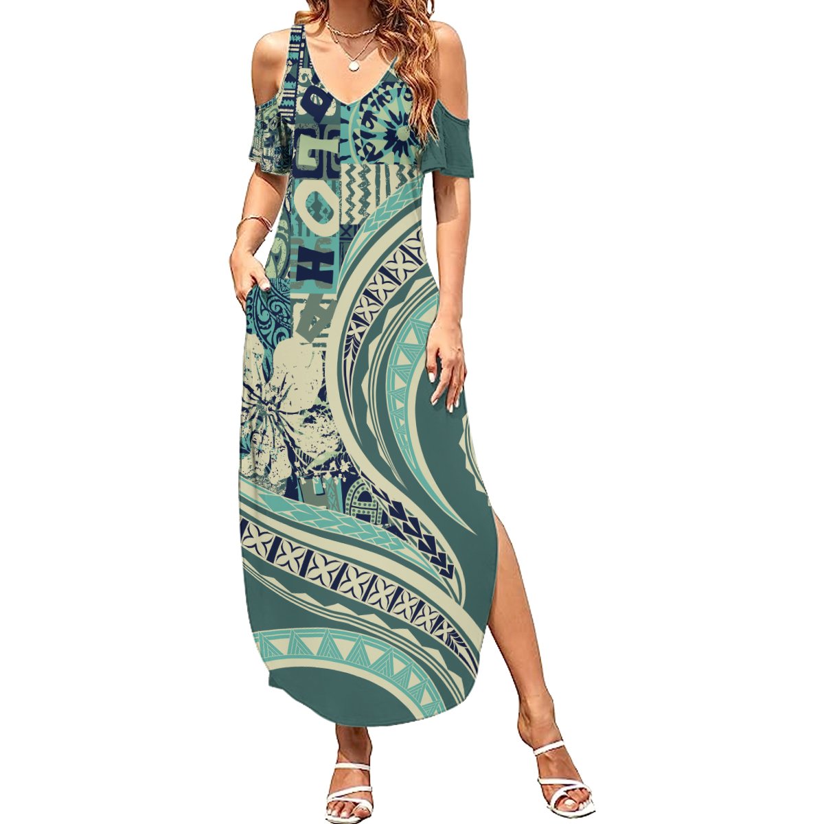 Hawaiian Hibiscus Tribal Vintage Motif Summer Maxi Dress Ver 1 LT9 Women Sea Green - Polynesian Pride