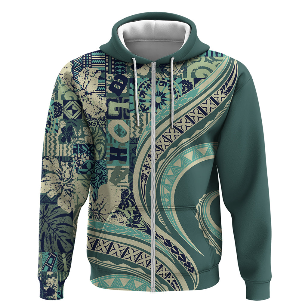Hawaiian Hibiscus Tribal Vintage Motif Zip Hoodie Ver 1 LT9 Zip Hoodie Sea Green - Polynesian Pride