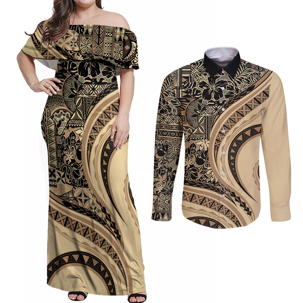 Hawaiian Hibiscus Tribal Vintage Motif Couples Matching Off Shoulder Maxi Dress and Long Sleeve Button Shirt Ver 2 LT9 Beige - Polynesian Pride