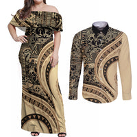Hawaiian Hibiscus Tribal Vintage Motif Couples Matching Off Shoulder Maxi Dress and Long Sleeve Button Shirt Ver 2 LT9 Beige - Polynesian Pride