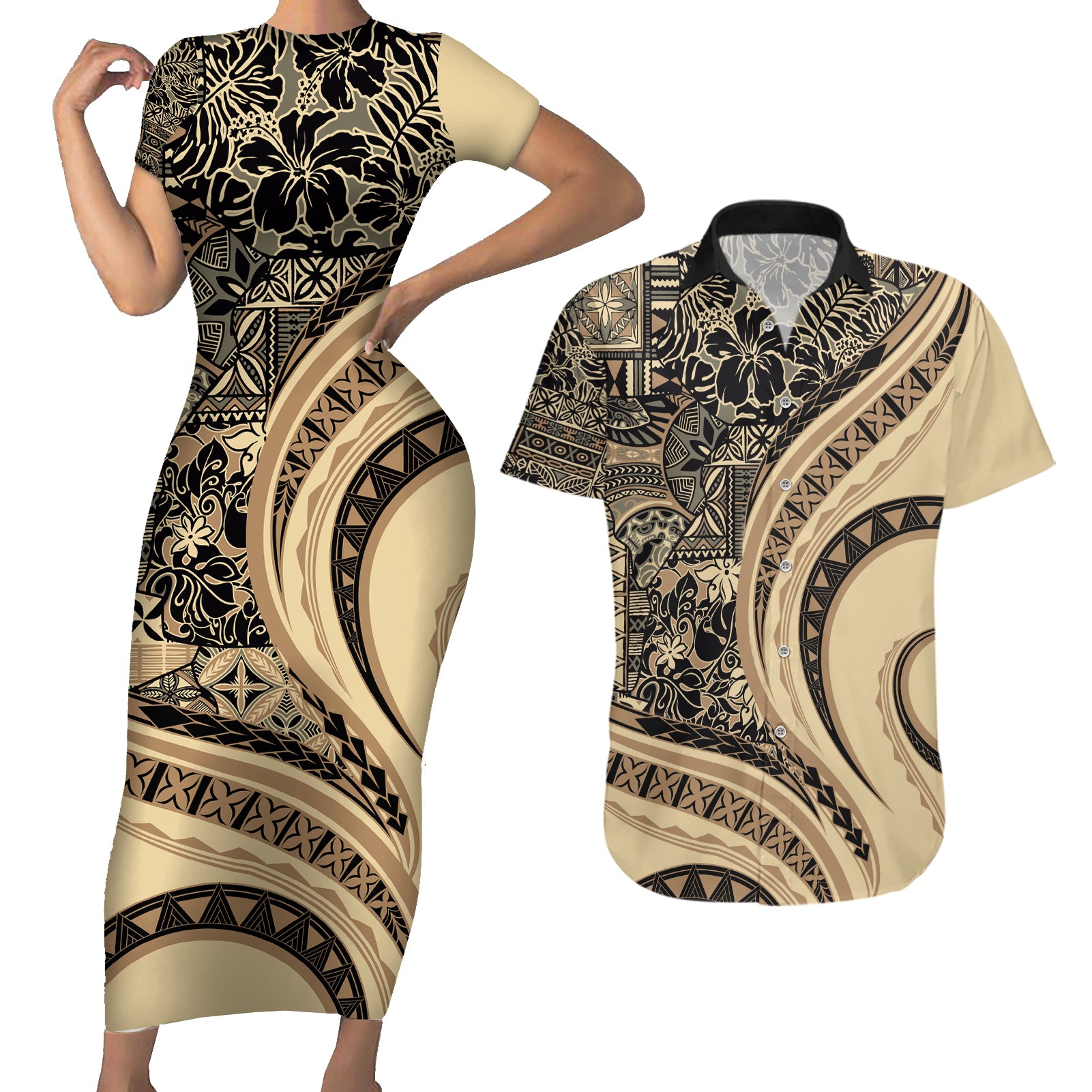 Hawaiian Hibiscus Tribal Vintage Motif Couples Matching Short Sleeve Bodycon Dress and Hawaiian Shirt Ver 2