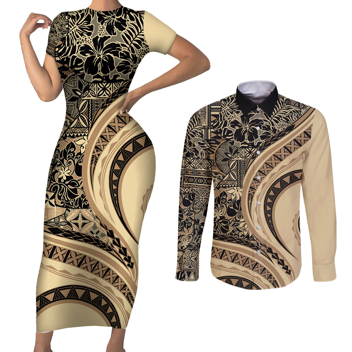 Hawaiian Hibiscus Tribal Vintage Motif Couples Matching Short Sleeve Bodycon Dress and Long Sleeve Button Shirt Ver 2