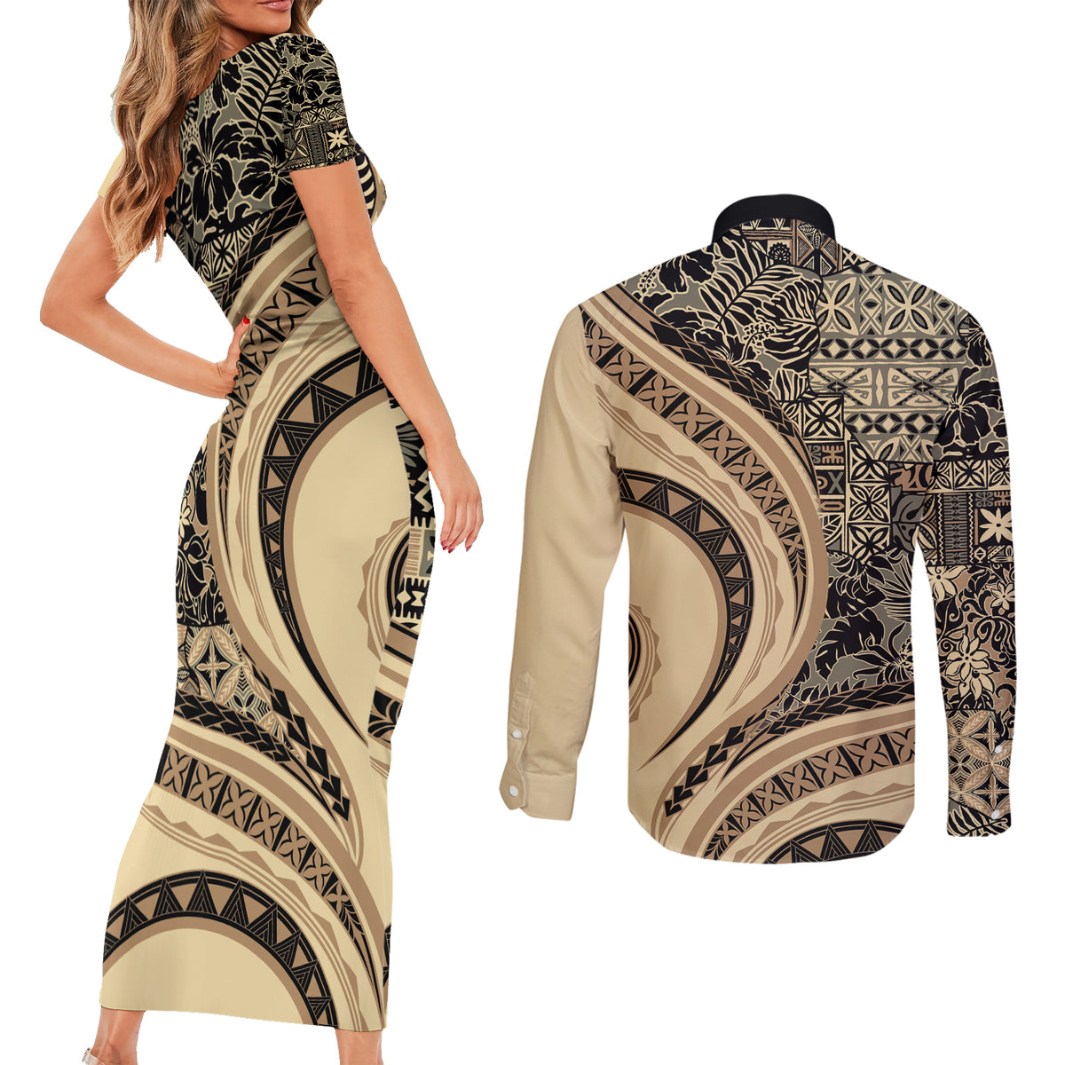 Hawaiian Hibiscus Tribal Vintage Motif Couples Matching Short Sleeve Bodycon Dress and Long Sleeve Button Shirt Ver 2