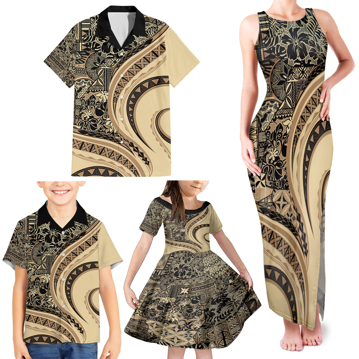 Hawaiian Hibiscus Tribal Vintage Motif Family Matching Tank Maxi Dress and Hawaiian Shirt Ver 2