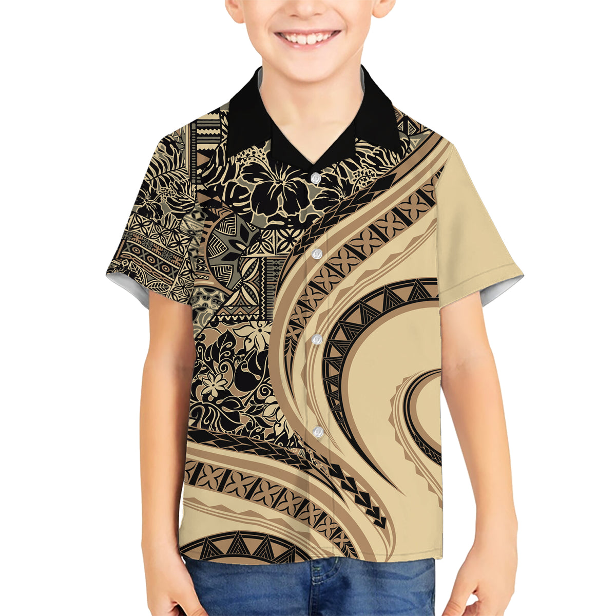 Hawaiian Hibiscus Tribal Vintage Motif Kid Hawaiian Shirt Ver 2 LT9 Kid Beige - Polynesian Pride