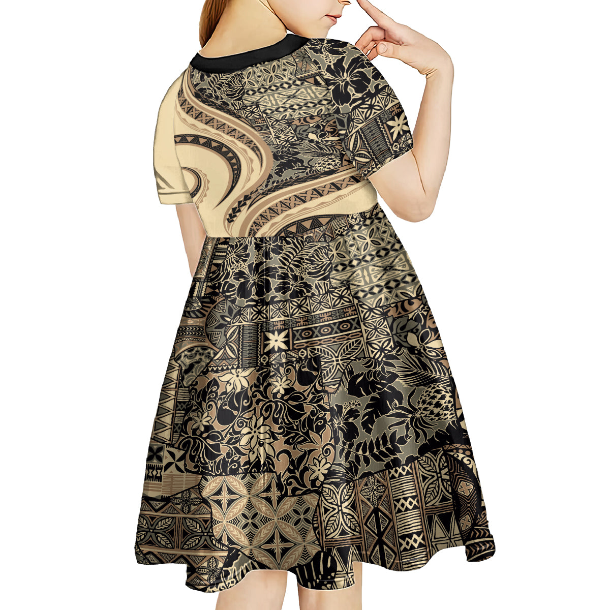 Hawaiian Hibiscus Tribal Vintage Motif Kid Short Sleeve Dress Ver 2