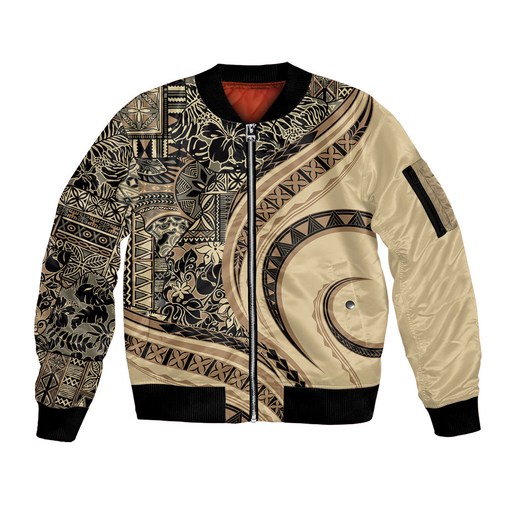 Hawaiian Hibiscus Tribal Vintage Motif Sleeve Zip Bomber Jacket Ver 2 LT9 Unisex Beige - Polynesian Pride