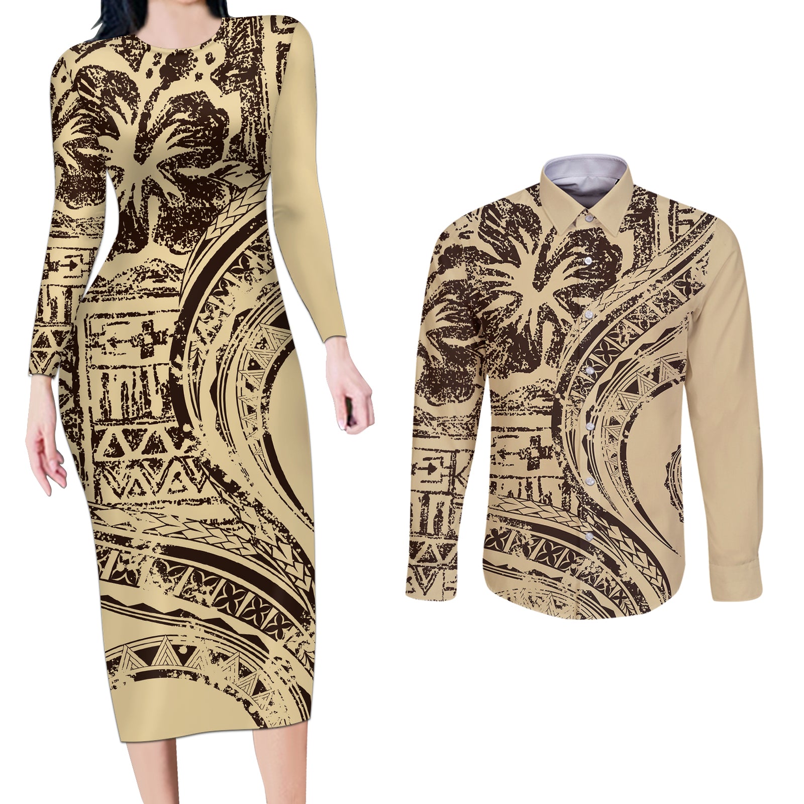 Hawaiian Hibiscus Tribal Vintage Motif Couples Matching Long Sleeve Bodycon Dress and Long Sleeve Button Shirt Ver 3 LT9 Beige - Polynesian Pride