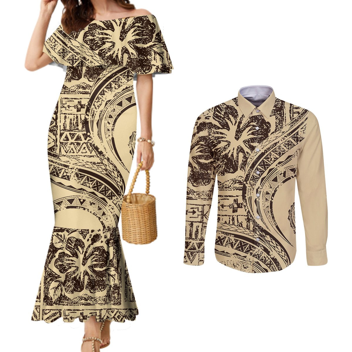 Hawaiian Hibiscus Tribal Vintage Motif Couples Matching Mermaid Dress and Long Sleeve Button Shirt Ver 3 LT9 Beige - Polynesian Pride
