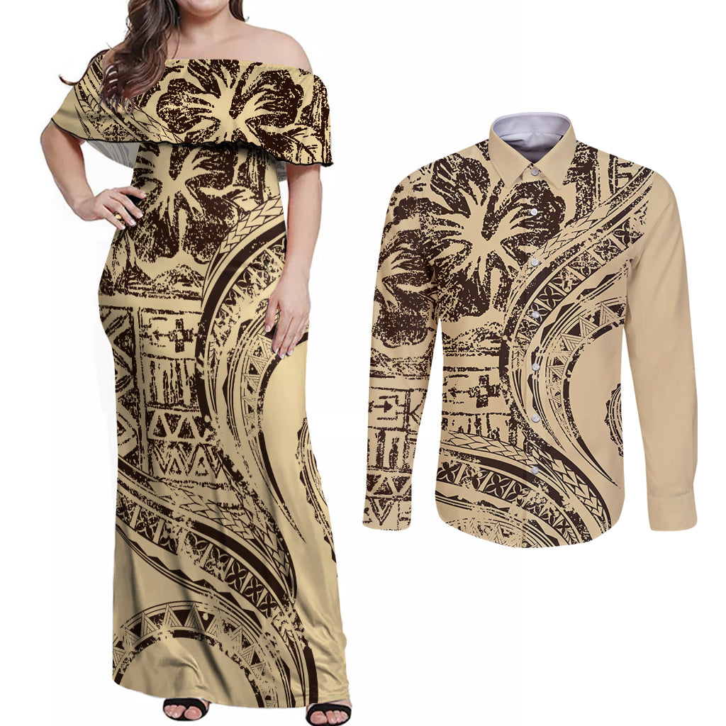 Hawaiian Hibiscus Tribal Vintage Motif Couples Matching Off Shoulder Maxi Dress and Long Sleeve Button Shirt Ver 3 LT9 Beige - Polynesian Pride