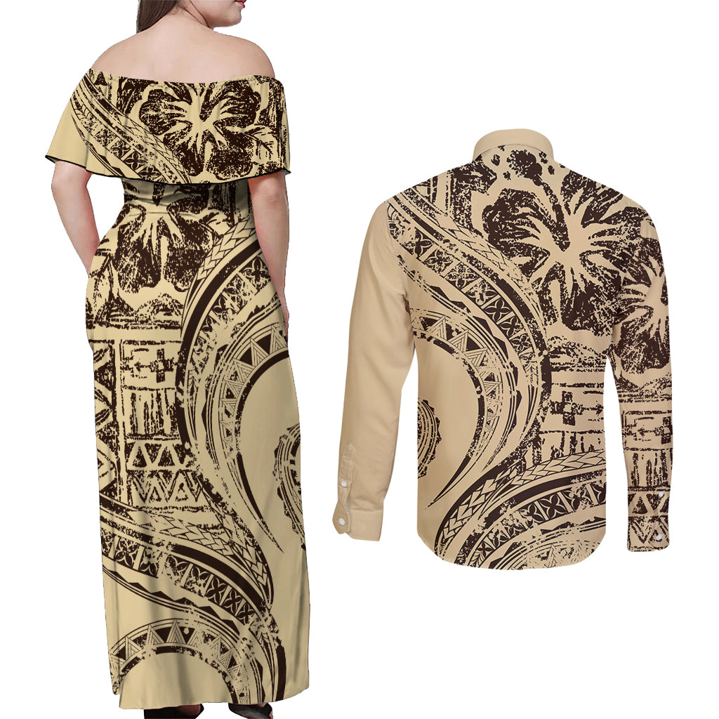 Hawaiian Hibiscus Tribal Vintage Motif Couples Matching Off Shoulder Maxi Dress and Long Sleeve Button Shirt Ver 3 LT9 - Polynesian Pride