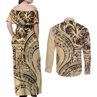 Hawaiian Hibiscus Tribal Vintage Motif Couples Matching Off Shoulder Maxi Dress and Long Sleeve Button Shirt Ver 3 LT9 - Polynesian Pride