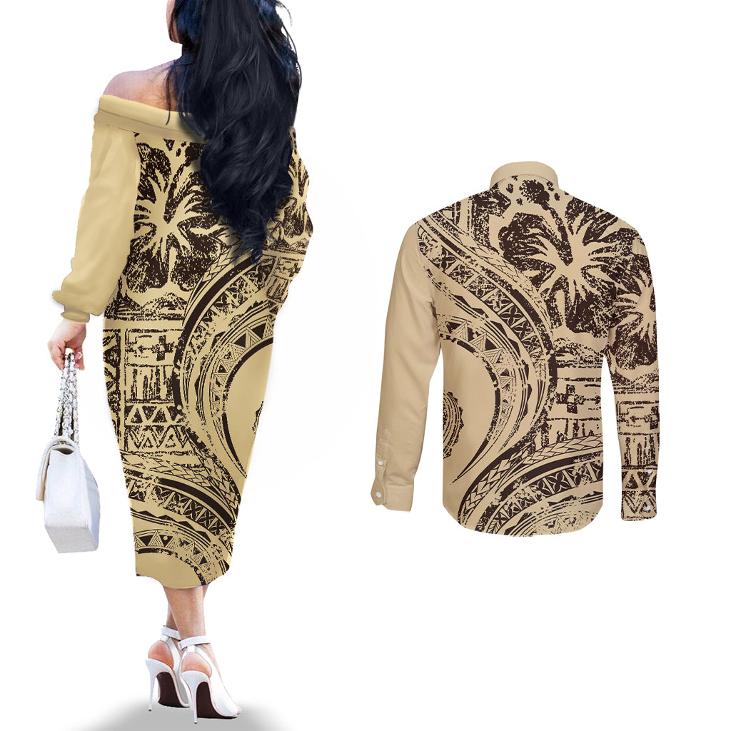 Hawaiian Hibiscus Tribal Vintage Motif Couples Matching Off The Shoulder Long Sleeve Dress and Long Sleeve Button Shirt Ver 3